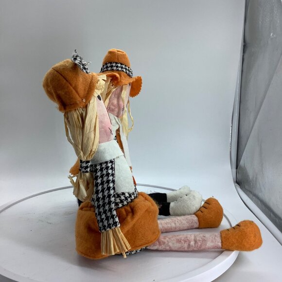 Vtg Fabric Scarecrow Dolls Houndstooth Outfits Straw Hair 12" Tall Fall Harvest - Picture 5 of 5